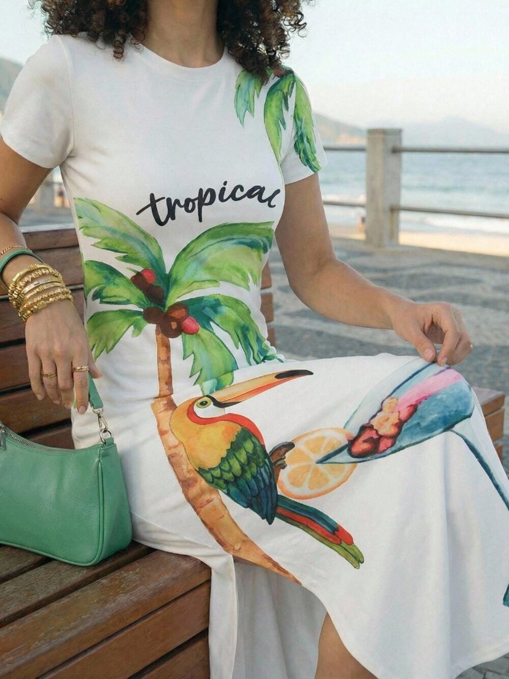Cream Casual Women's Tropical Parrot Coconut Tree Print Short Sleeve Knit Dress